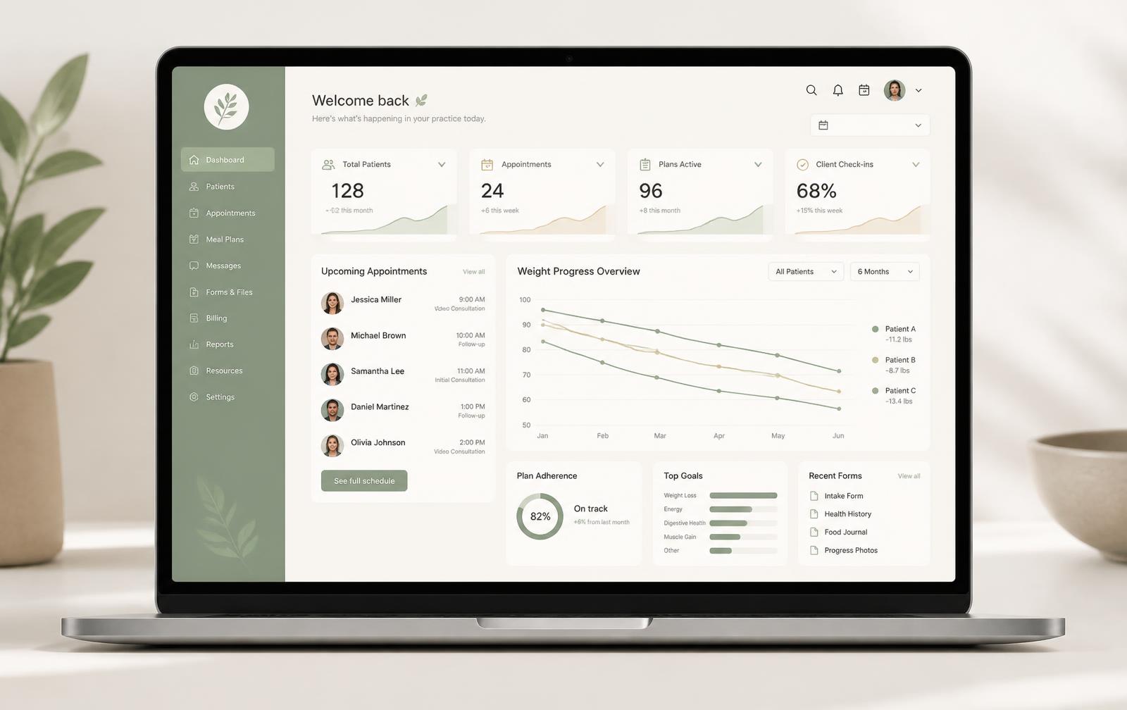 Painel Wave Nutri mostrando lista de pacientes e gráfico de evolução de peso